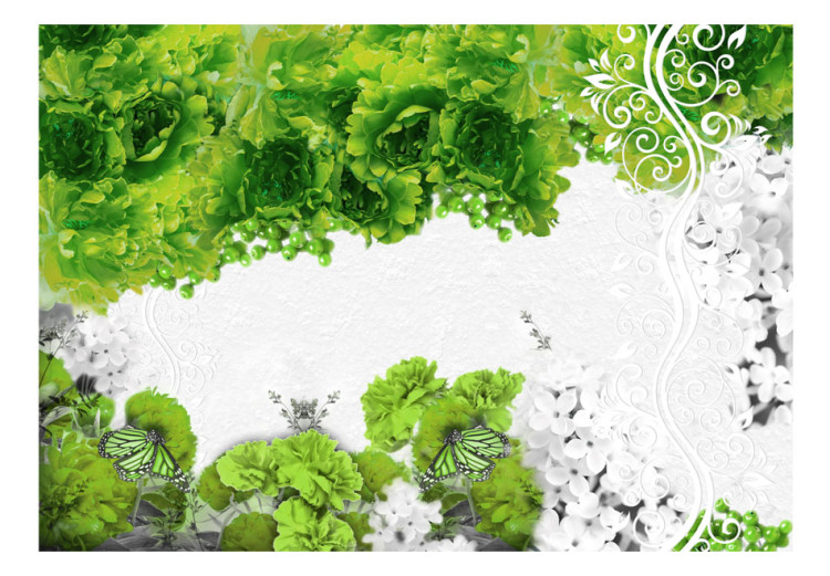Fototapete Frühlingsfarben Grün - Pflanzen und Schmetterlinge auf Weiß 60742 additionalImage 1