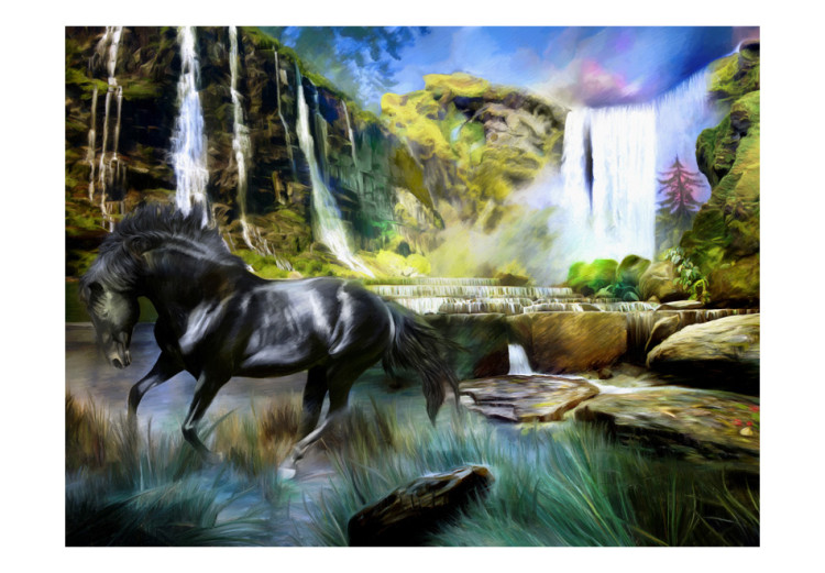 Fototapete Pferd auf Hintergrund des himmelblauen Wasserfalls 59762 additionalImage 1