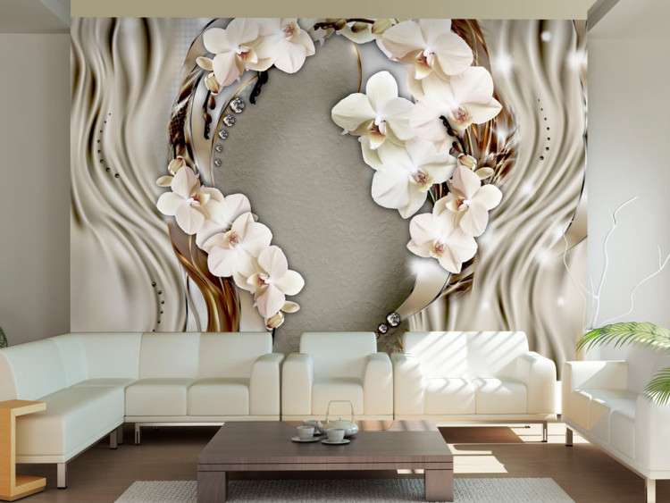 Fototapete Abstraktion - Orchideenblumen auf beigem Hintergrund mit Perlen 60792