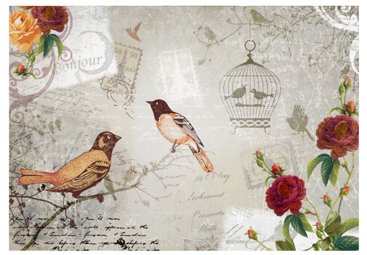 Fototapete Gesang der Vögel - Retro-Stil mit Vögeln Blumen und Schriftzügen 61103 additionalImage 1
