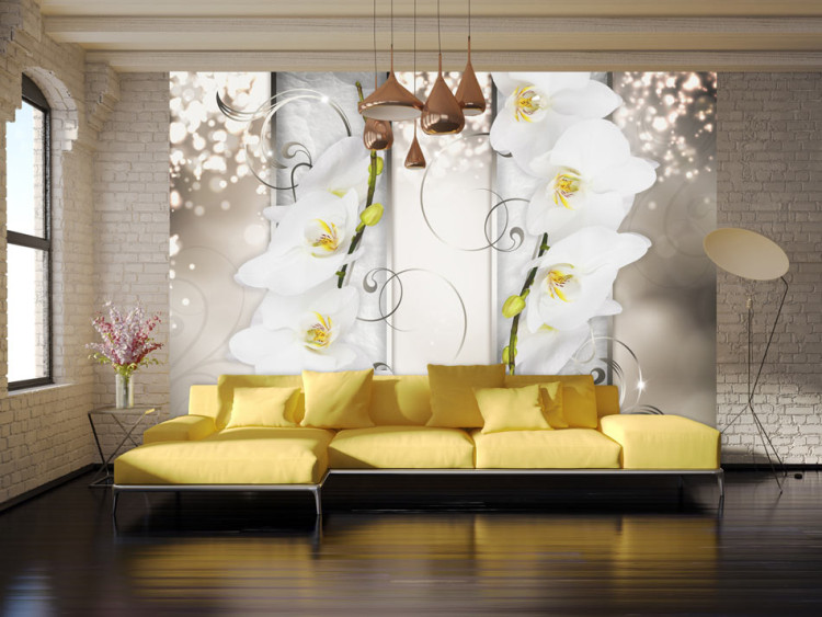 Vlies Fototapete Elegante Blumen - Abstraktion mit weißen Orchideen auf Muster 60183