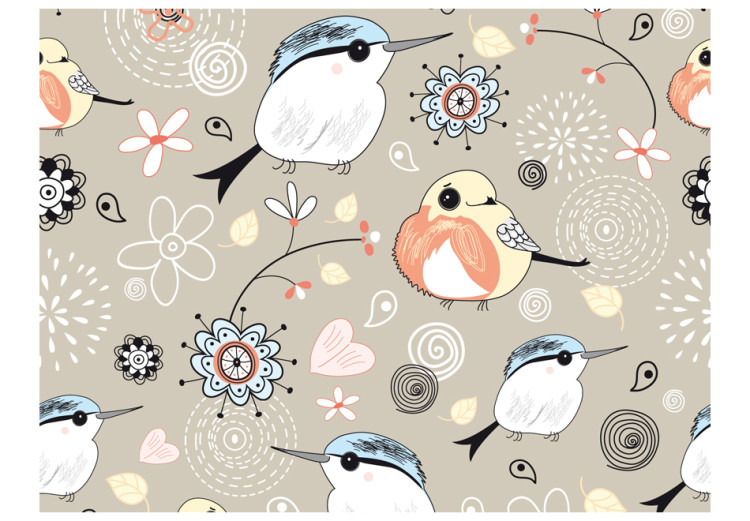 Vliestapete Kleine Tiere - Collage mit Vögeln und Blumen in Beige für Kinder 61283 additionalImage 1