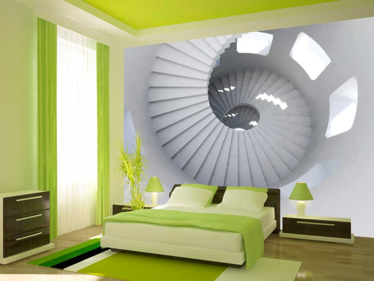 Vliestapete Innenarchitektur - spiralförmige weiße Treppe mit hellem Licht 59804