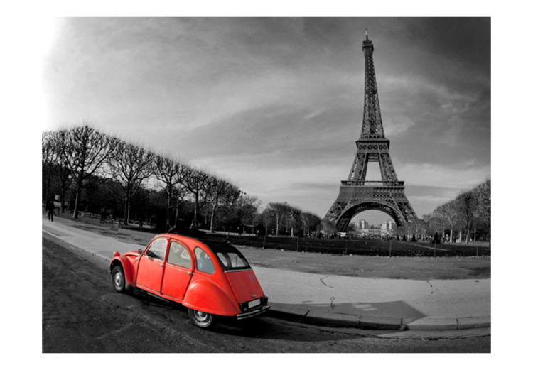 Fototapete Stadtarchitektur - Eiffelturm schwarz-weiß mit rotem Auto 59864 additionalImage 1