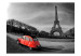Fototapete Stadtarchitektur - Eiffelturm schwarz-weiß mit rotem Auto 59864 additionalThumb 1