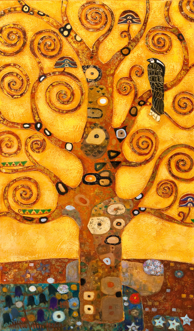 Vlies Fototapete Baum des Lebens (Gustav Klimt) - fantasievoller Baum mit Blättern 60474