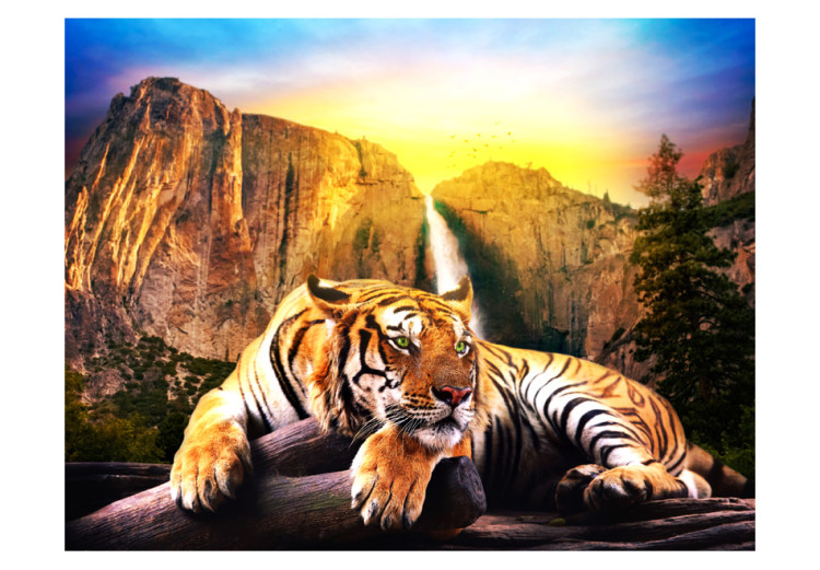 Vlies Fototapete Naturruhe - schöner Tiger auf Steinen neben einem Wasserfall 59745 additionalImage 1
