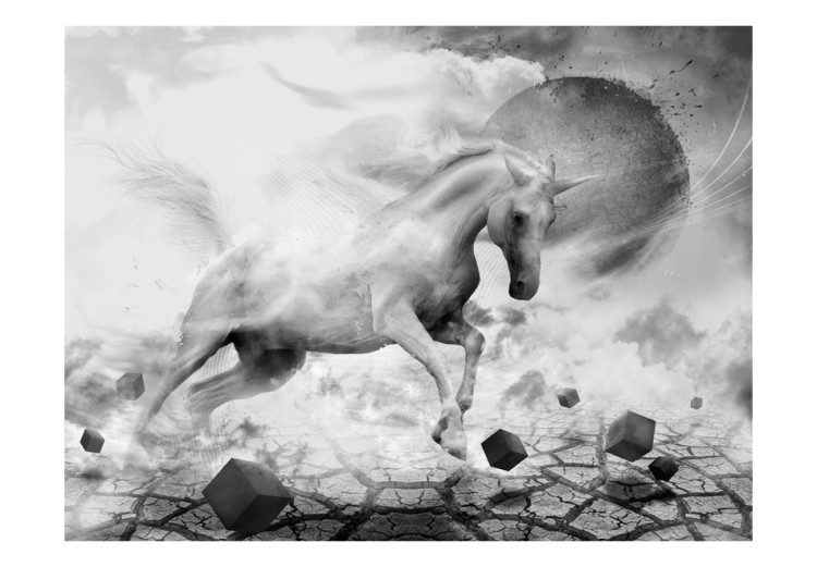 Vlies Fototapete Schwarz-weiße Fantasie - Welt mit weißem Pferd mit Mond und Figuren 60155 additionalImage 1