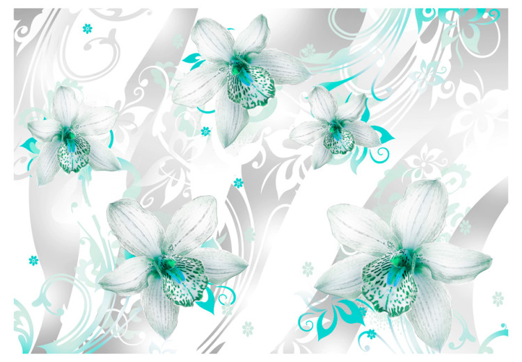 Vlies Fototapete Klänge der Zartheit - türkisfarbene Blumen auf gemustertem Hintergrund 60455 additionalImage 1