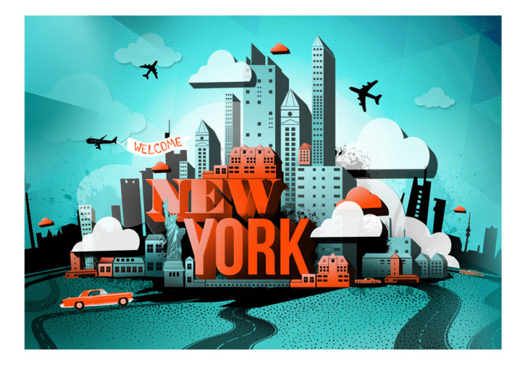 Fototapete Street Art - Roter Schriftzug "New York" mit Motiv von Wolkenkratzern 60775 additionalImage 1