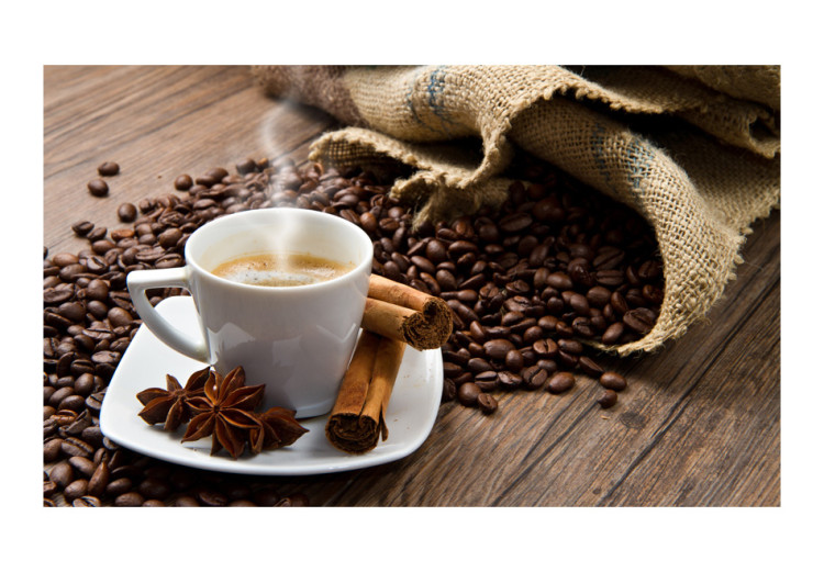 Fototapete Morgen - Tasse auf braunem Hintergrund mit Kaffeebohnen und Gewürzen 59816 additionalImage 1