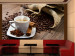 Fototapete Morgen - Tasse auf braunem Hintergrund mit Kaffeebohnen und Gewürzen 59816