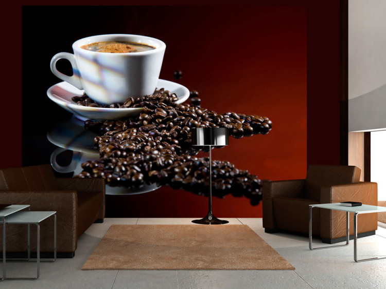 Fototapete Kaffee - Schwarzer Kaffee in weißer Tasse auf dunklem Hintergrund 60216
