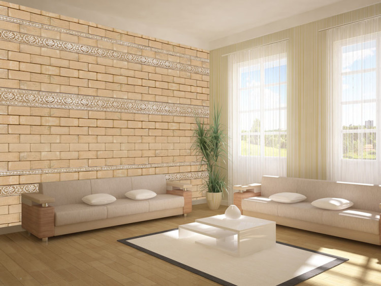 Vliestapete Elegante Mauer - Hintergrund mit beigem Ziegelmuster und 3D-Verzierung 60946