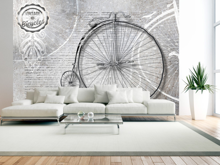 Fototapete Vintage-Fahrrad - Schwarz-weißes Retro-Fahrrad mit Schriftzügen 61176