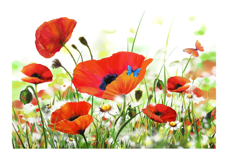 Fototapete Weite - Frühlingslandschaft mit Mohnblumen und blauem Schmetterling 60386 additionalImage 1