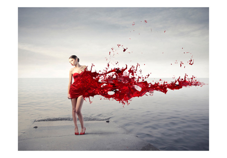 Vliestapete Rotes Kleid - Silhouette einer Frau die an einem kühlen See steht 61247 additionalImage 1