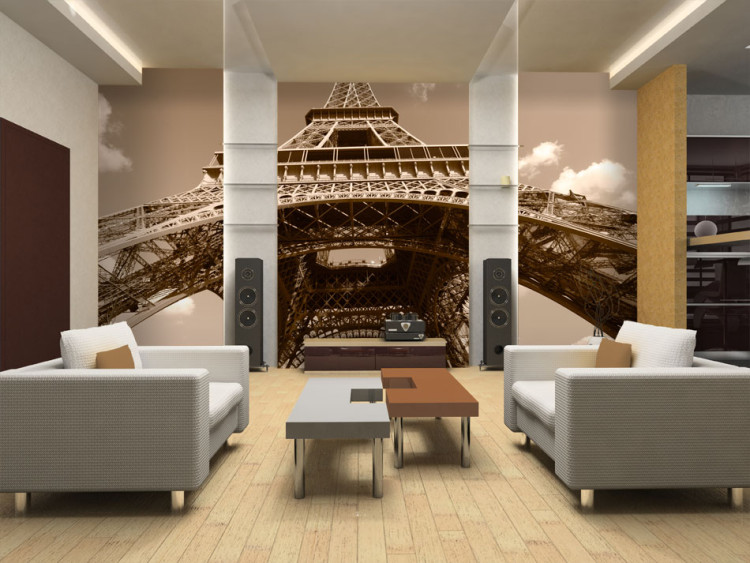 Fototapete Stadtarchitektur von Paris - Eiffelturm von unten in Sepia 59887