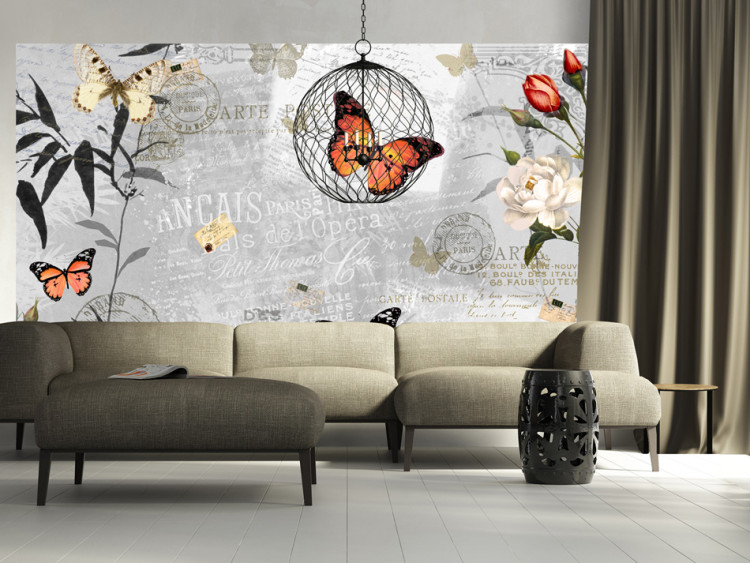 Vliestapete Postkarte der Natur - Schmetterlinge auf Grau mit Schrift und Blume 61308