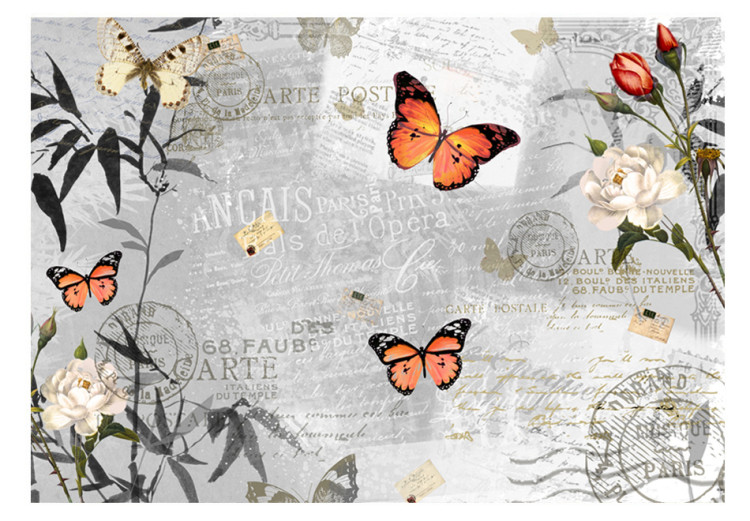 Vliestapete Postkarte der Natur - Schmetterlinge auf Grau mit Schrift und Blume 61308 additionalImage 1