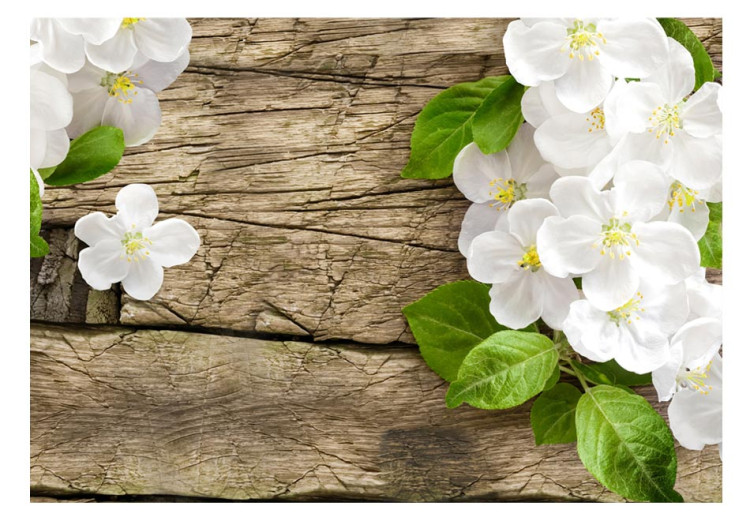 Fototapete Natur - Raues Holz umgeben von weißen Blumen mit grünen Blättern 60728 additionalImage 1