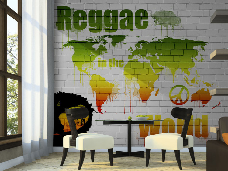 Vliestapete Reggae in the world - Weltkarte auf Ziegeln in Reggaefarben 59958