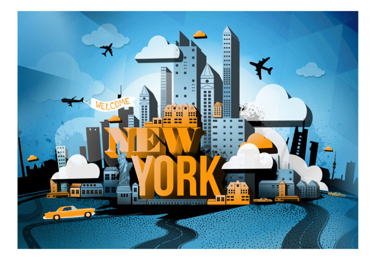 Fototapete Street Art - Gelber Schriftzug "New York" mit Wolkenkratzern und Autos 60778 additionalImage 1