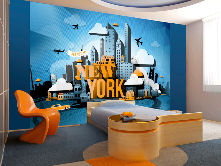 Fototapete Street Art - Gelber Schriftzug "New York" mit Wolkenkratzern und Autos 60778