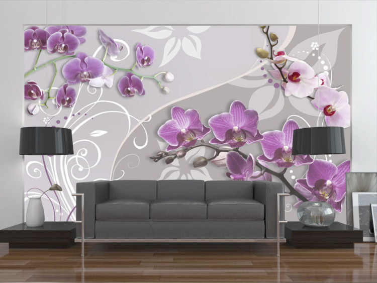 Vliestapete Flug der purpurroten Orchideen - Blumen mit fantasievollen Elementen 60298