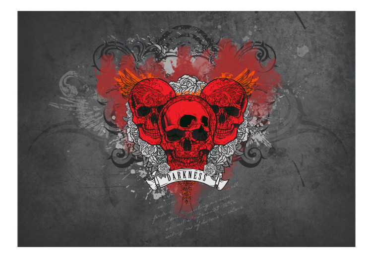 Vlies Fototapete Dunkelheit - Street-Art mit roten Totenköpfen und Schriftzug auf Grau 60619 additionalImage 1